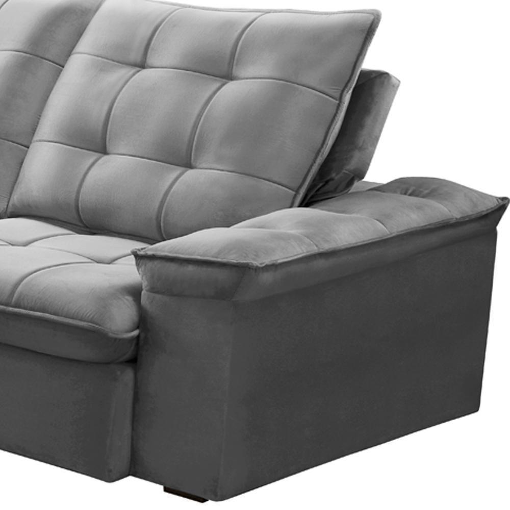 Sofá Retrátil Reclinável Para Sala 3 Lugares 210cm Nijma F04 Veludo Cinza Claro - Lyam Decor - 5