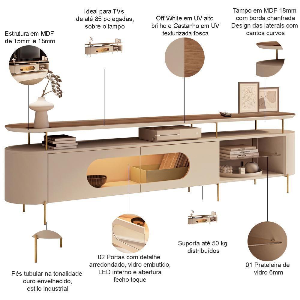 Rack Para Sala De Estar Tv 85 Pol Orgânico Sâmia B01 Off White Castanho - Lyam Decor - 4
