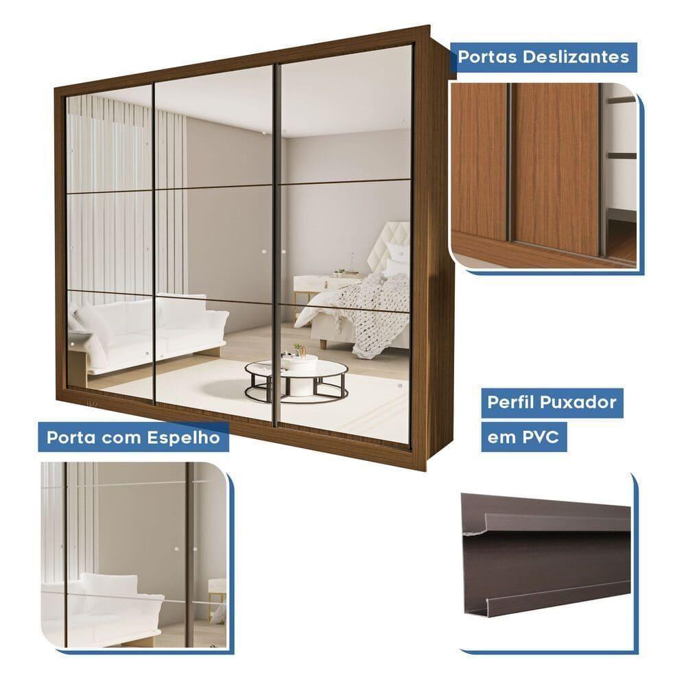 Guarda Roupa 3 Portas De Correr Todo Espelhado 6 Gavetas Ravena Minastex Freijó - 7