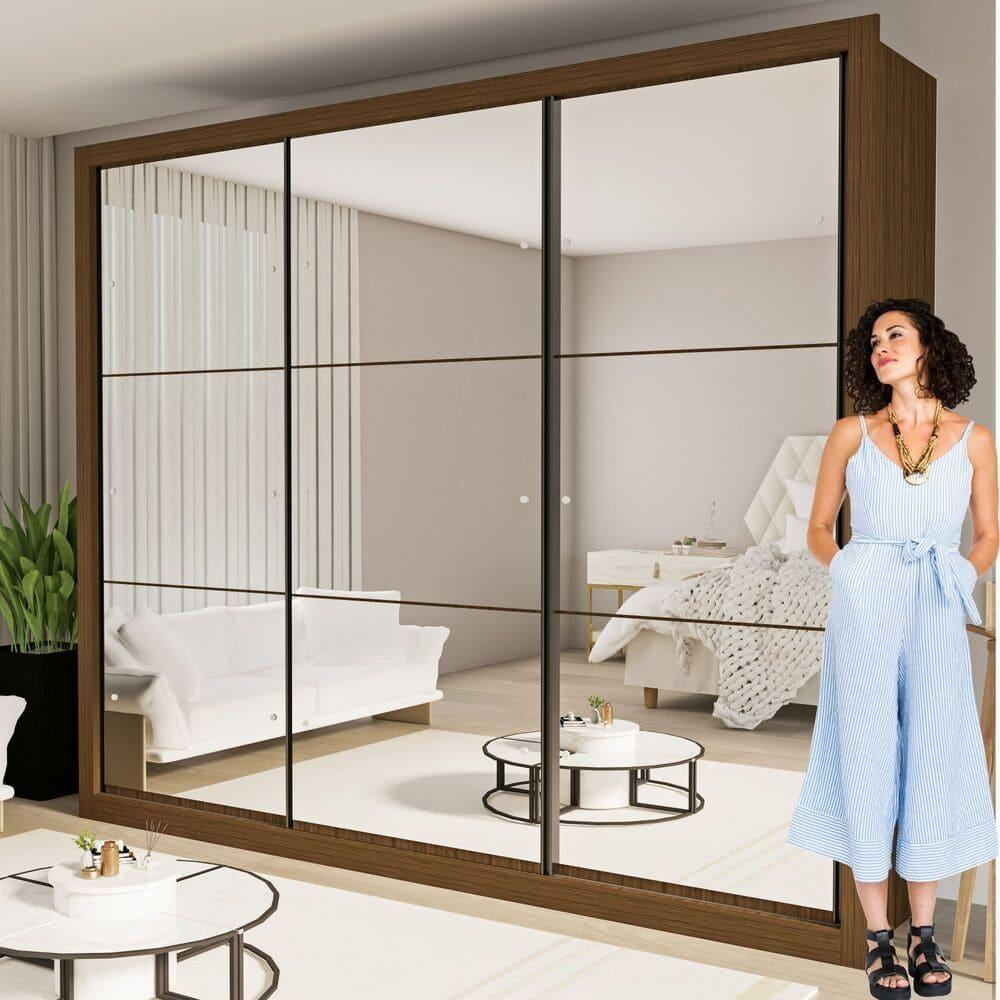 Guarda Roupa 3 Portas De Correr Todo Espelhado 6 Gavetas Ravena Minastex Freijó - 10