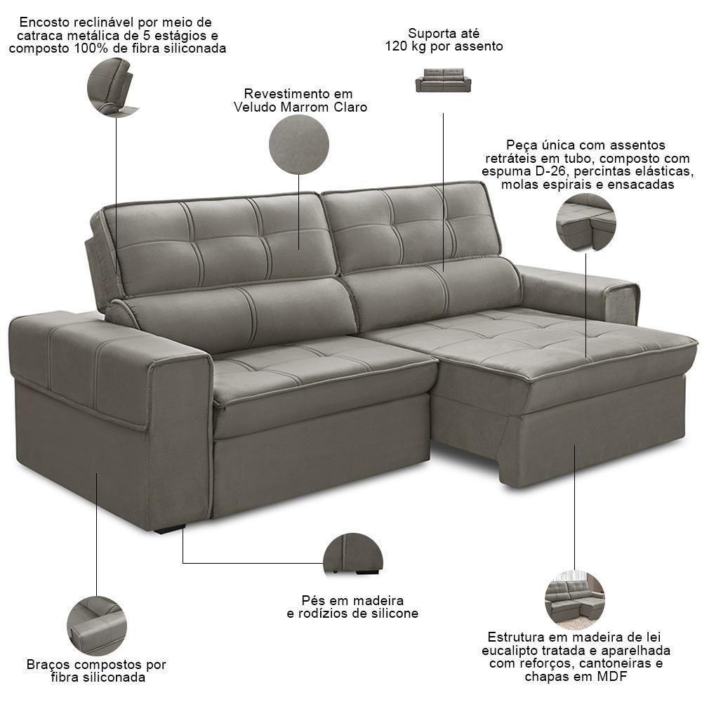 Sofá Retrátil Reclinável Para Sala 3 Lugares 210cm Samir F04 Veludo Marrom Claro - Lyam Decor - 9