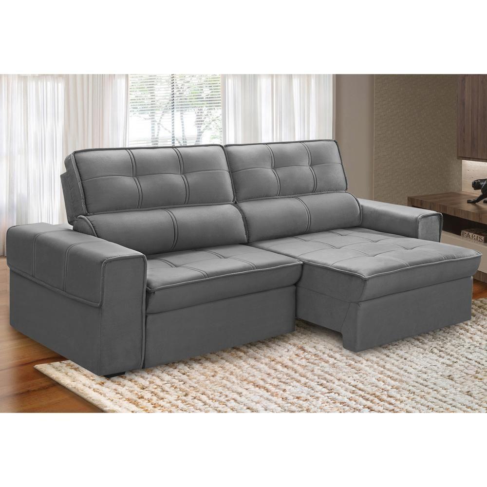 Sofá Retrátil Reclinável Para Sala 3 Lugares 210cm Samir F04 Veludo Cinza Escuro - Lyam Decor - 2