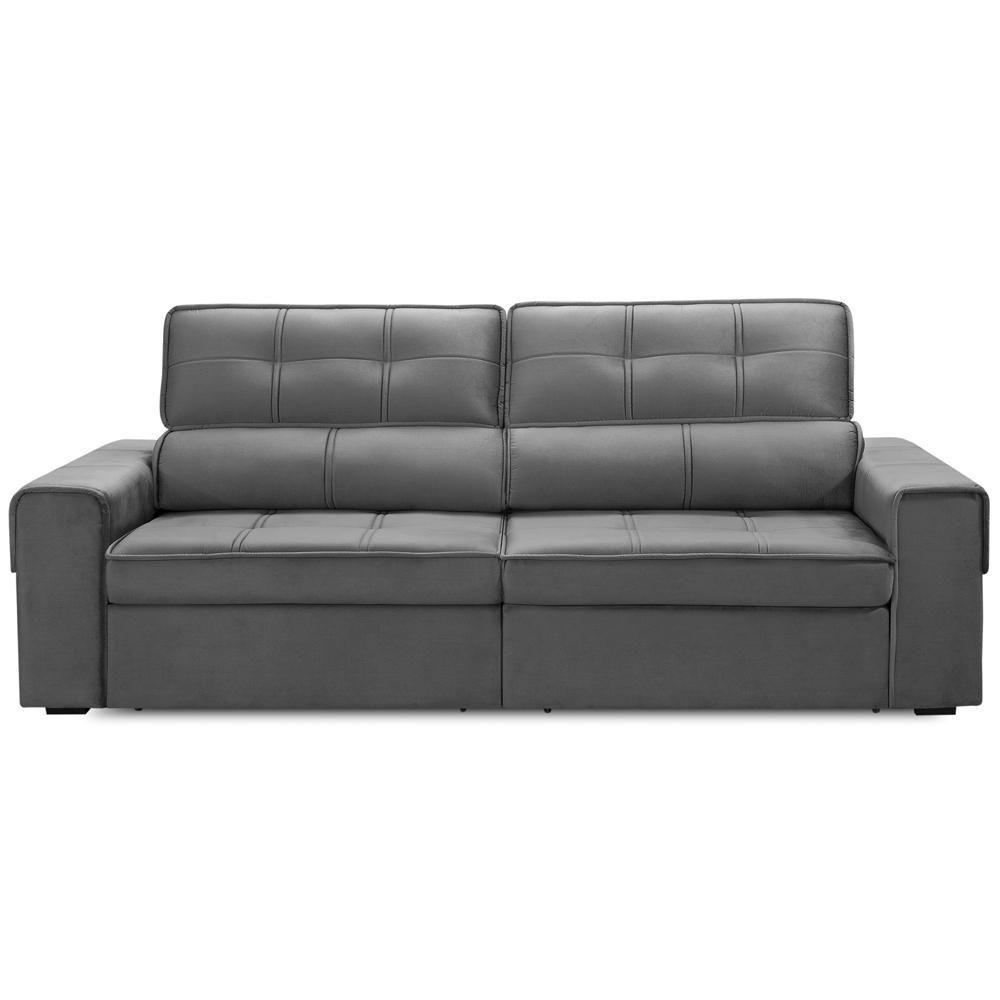 Sofá Retrátil Reclinável Para Sala 3 Lugares 210cm Samir F04 Veludo Cinza Escuro - Lyam Decor - 3