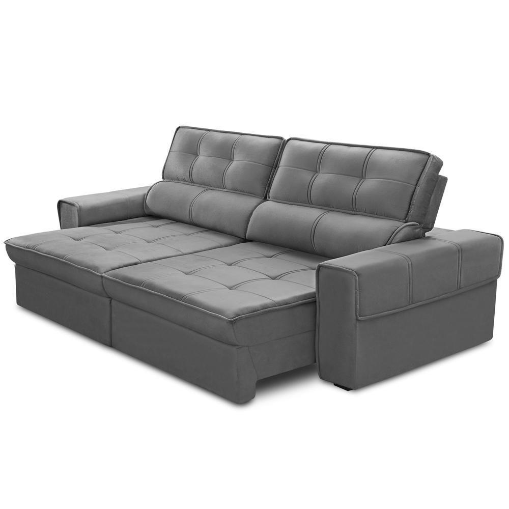 Sofá Retrátil Reclinável Para Sala 3 Lugares 210cm Samir F04 Veludo Cinza Escuro - Lyam Decor - 6