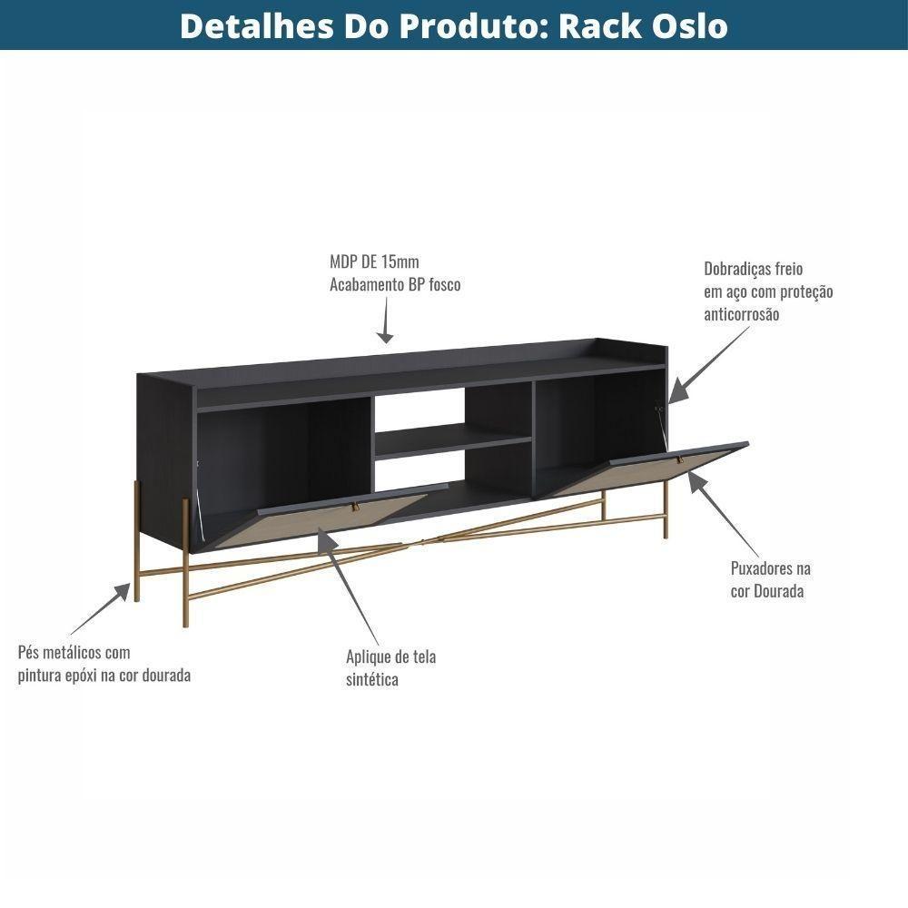 Rack 2 Portas Oslo Artesano 183 Cm (largura) Mdp Nero Palha Sintética Bege Pé Metal Dourado - 5