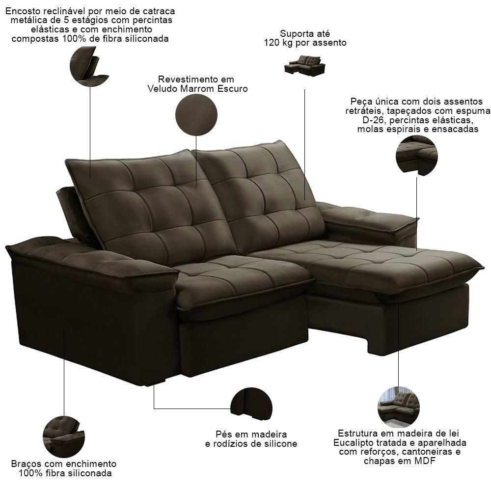 Sofá Retrátil Reclinável Para Sala 3 Lugares 210cm Nijma F04 Veludo Marrom Escuro - Lyam Decor - 3