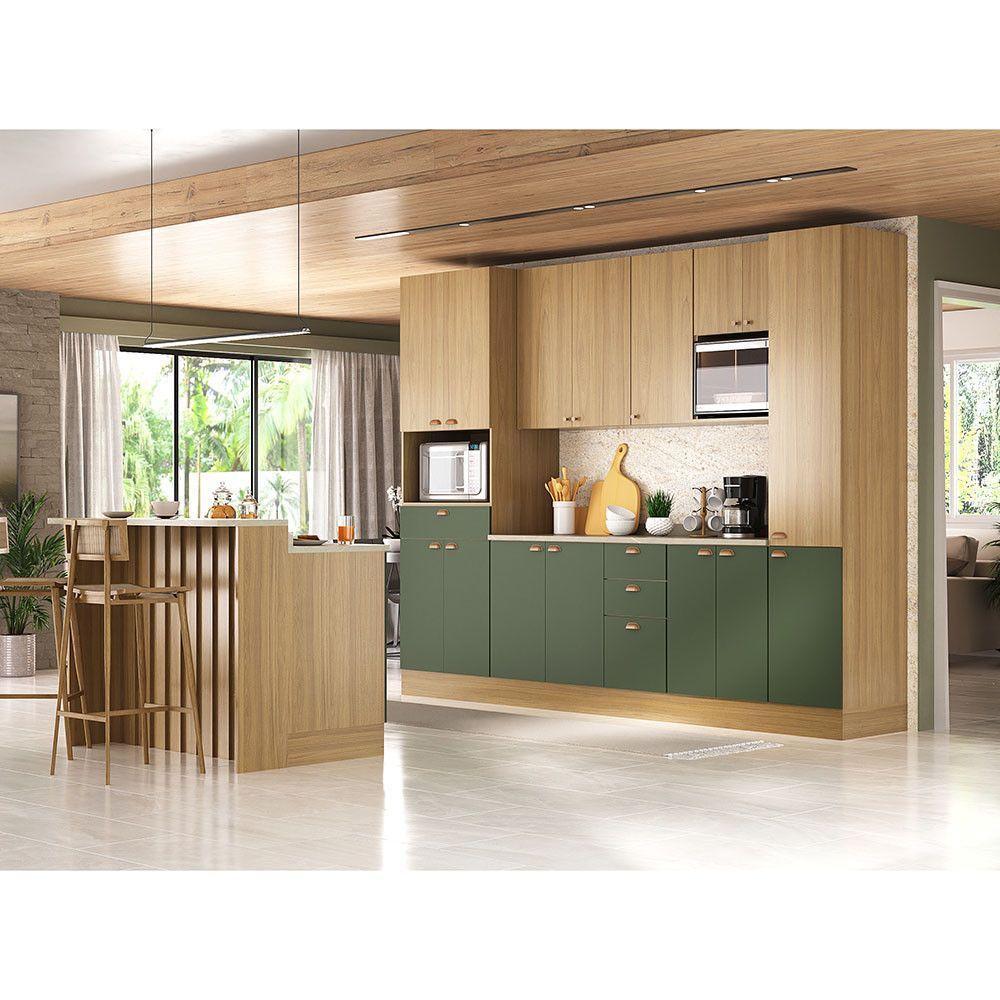 Cozinha Modulada Completa Com Bancada Ilha 8 Peças Com Tampo Freijó/freijó Brasil/verde Amalfi - 1