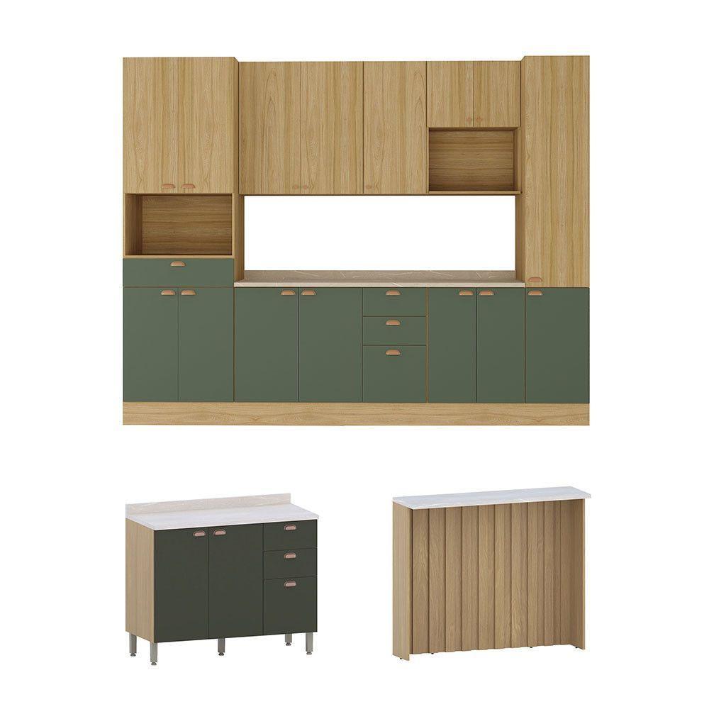 Cozinha Modulada Completa Com Bancada Ilha 8 Peças Com Tampo Freijó/freijó Brasil/verde Amalfi - 2