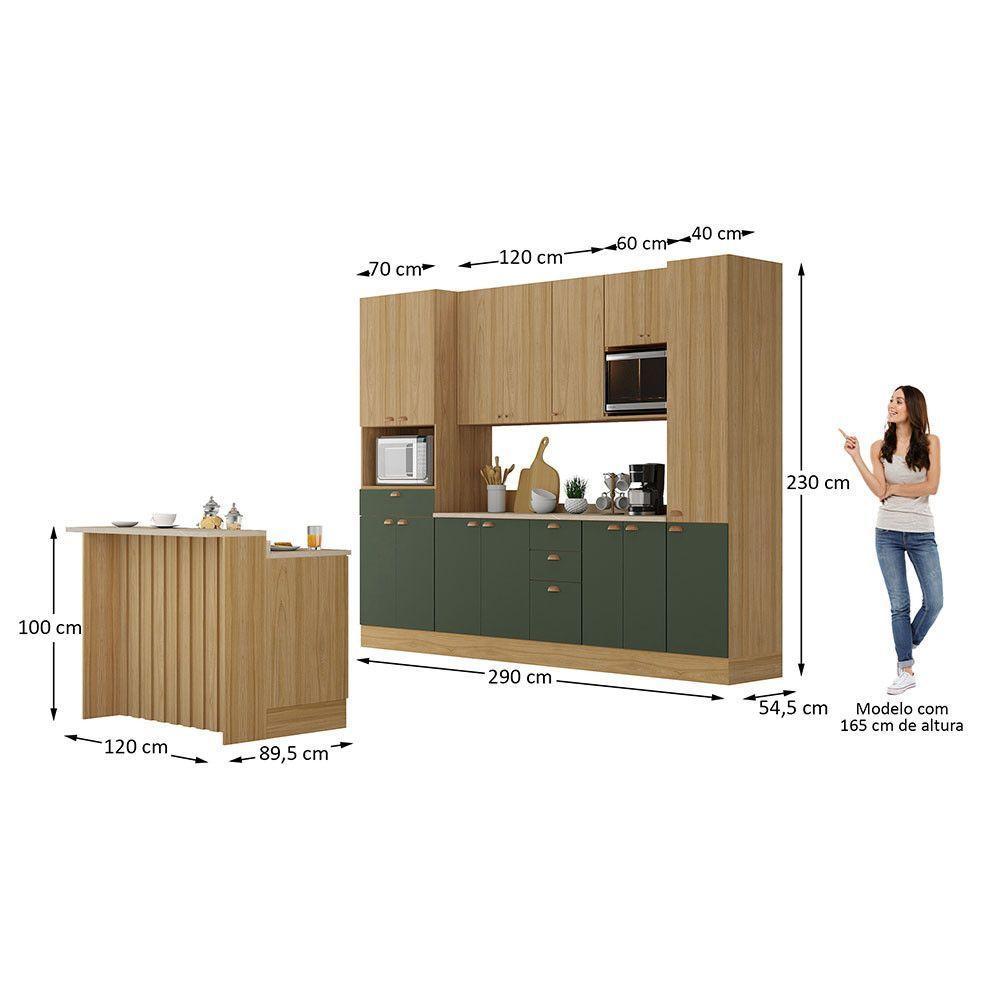 Cozinha Modulada Completa Com Bancada Ilha 8 Peças Com Tampo Freijó/freijó Brasil/verde Amalfi - 4