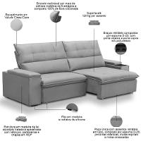 Sofá Retrátil Reclinável Para Sala 3 Lugares 250cm Niels F04 Veludo Cinza Claro - Lyam Decor