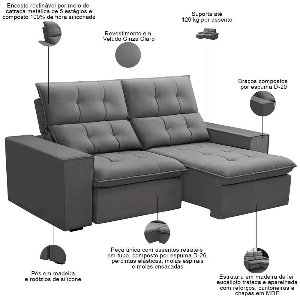 Sofá Retrátil Reclinável Para Sala 3 Lugares 230cm Vincent F04 Veludo Cinza Claro - Lyam Decor - 3