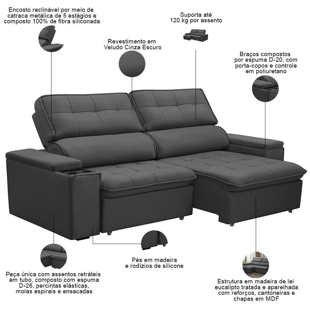 Sofá Retrátil Reclinável Para Sala 3 Lugares 230cm Nour F04 Veludo Cinza Escuro - Lyam Decor - 3