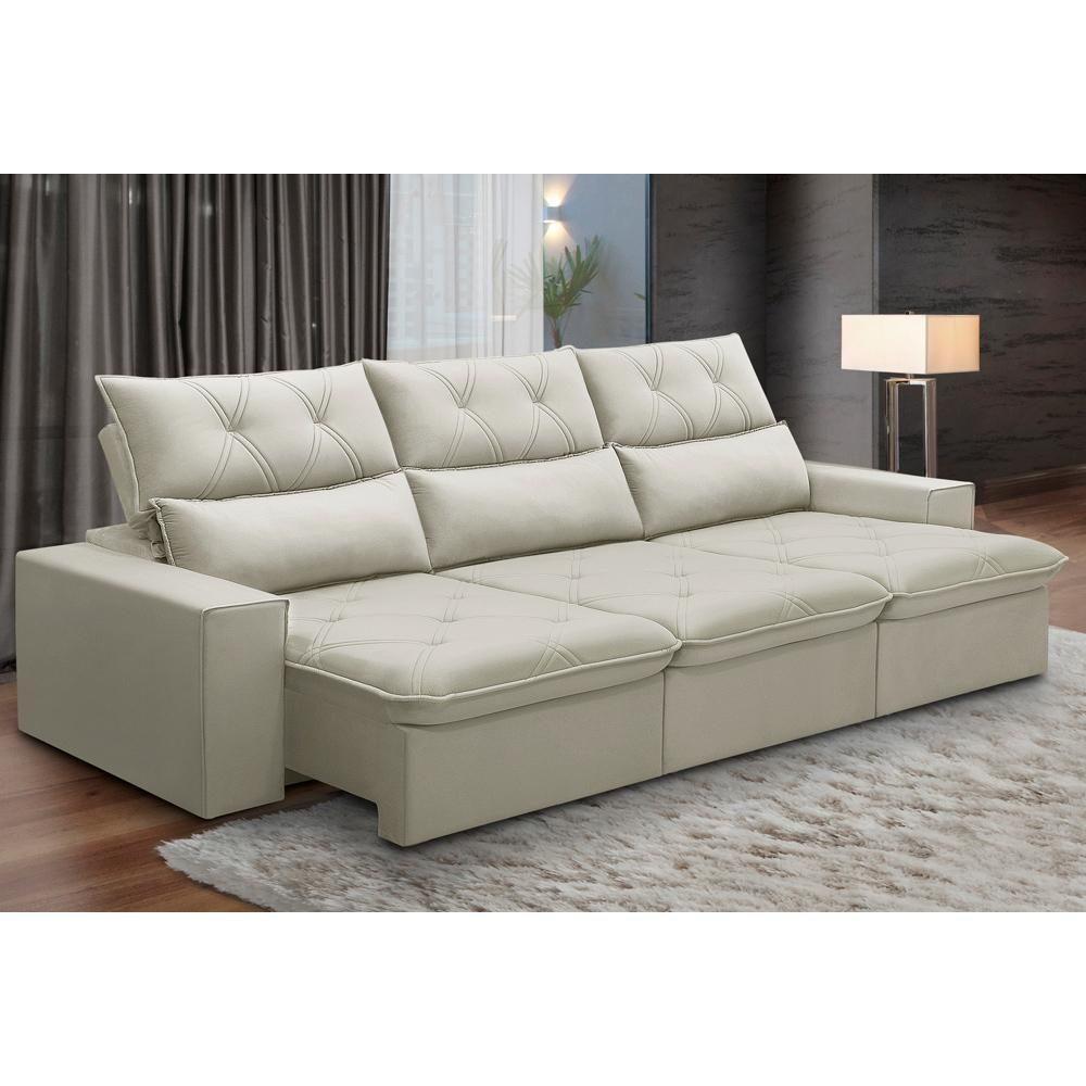 Sofá Retrátil Reclinável Para Sala 4 Lugares 290cm Aires F04 Veludo Bege - Lyam Decor - 2
