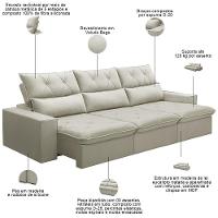 Sofá Retrátil Reclinável Para Sala 4 Lugares 290cm Aires F04 Veludo Bege - Lyam Decor - 3