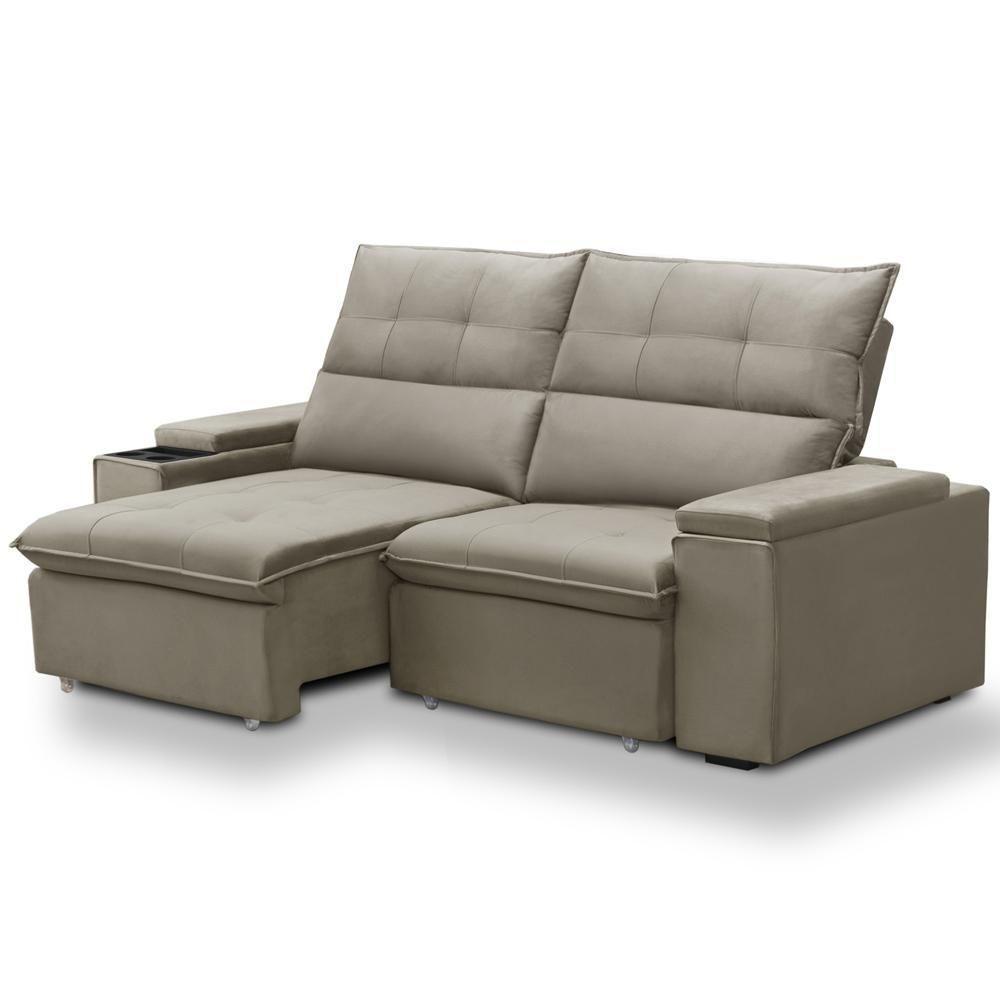 Sofá Retrátil Reclinável Para Sala 3 Lugares 230cm Niels F04 Veludo Marrom Claro - Lyam Decor - 6