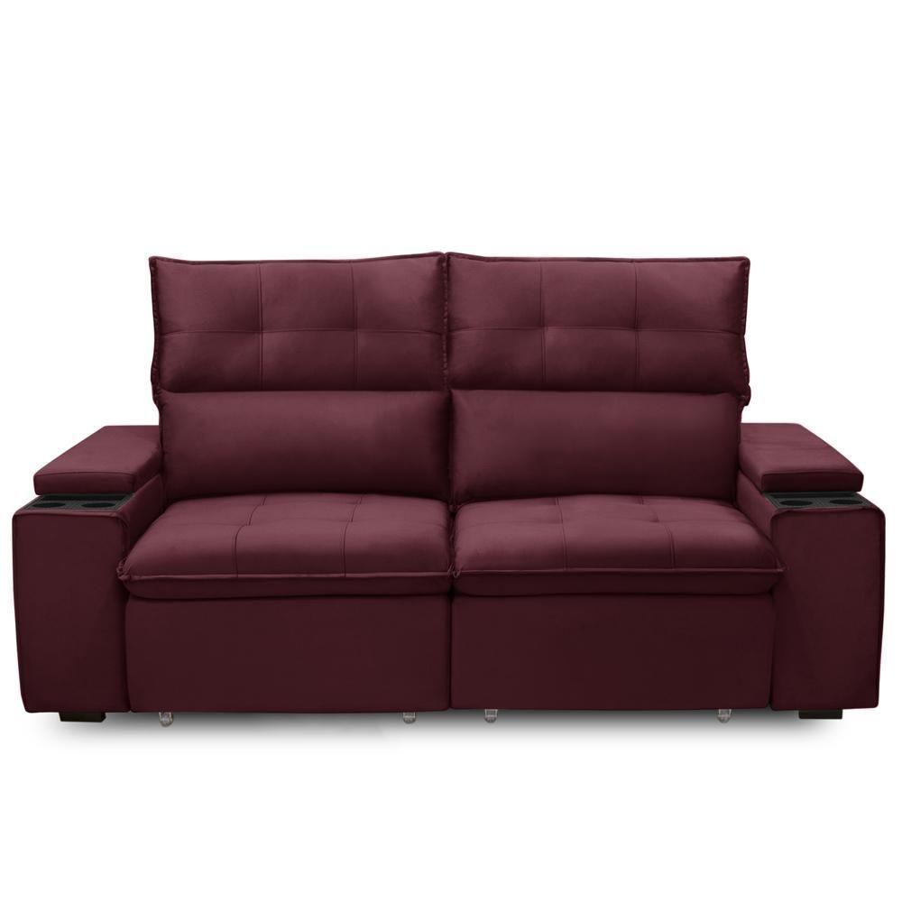 Sofá Retrátil Reclinável Para Sala 3 Lugares 230cm Niels F04 Veludo Vermelho - Lyam Decor - 2