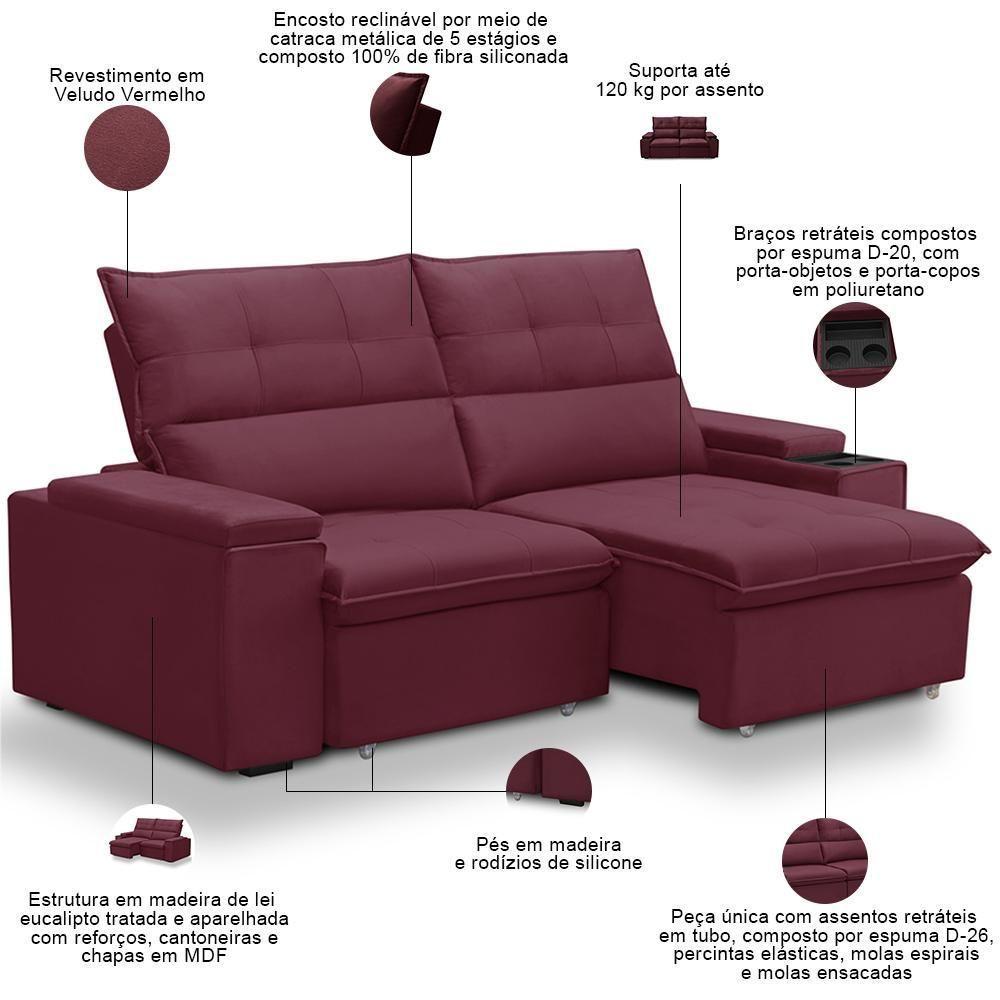 Sofá Retrátil Reclinável Para Sala 3 Lugares 230cm Niels F04 Veludo Vermelho - Lyam Decor - 3