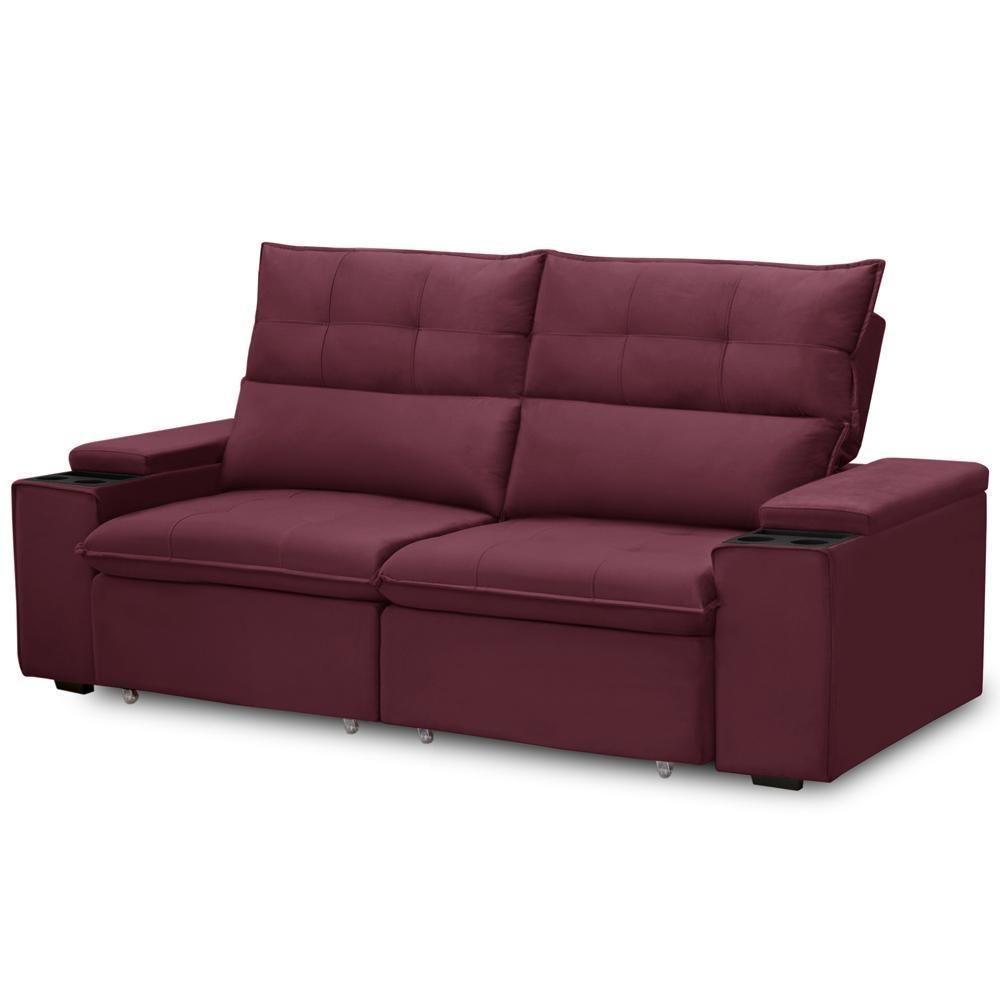 Sofá Retrátil Reclinável Para Sala 3 Lugares 230cm Niels F04 Veludo Vermelho - Lyam Decor - 6