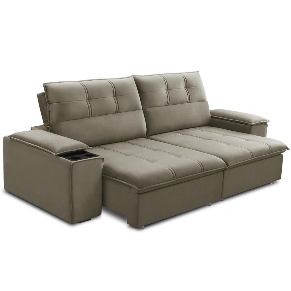 Sofá Retrátil Reclinável Para Sala 3 Lugares 210cm Zayn F04 Veludo Marrom Claro - Lyam Decor - 8