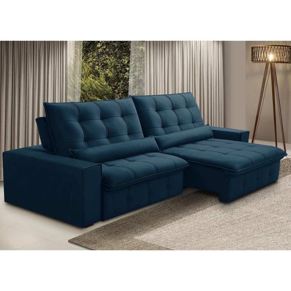 Sofá Retrátil Reclinável Para Sala 4 Lugares 290cm Curie F04 Veludo Azul - Lyam Decor - 2