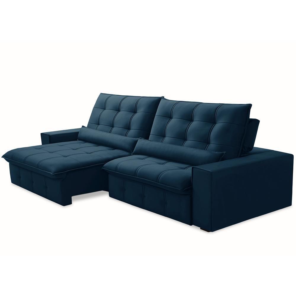 Sofá Retrátil Reclinável Para Sala 4 Lugares 290cm Curie F04 Veludo Azul - Lyam Decor - 7