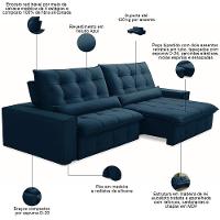 Sofá Retrátil Reclinável Para Sala 4 Lugares 290cm Curie F04 Veludo Azul - Lyam Decor - 3