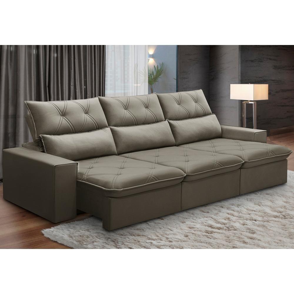 Sofá Retrátil Reclinável Para Sala 3 Lugares 230cm Aires F04 Veludo Marrom Claro - Lyam Decor - 7