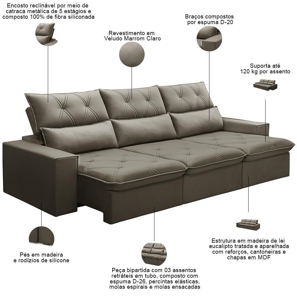 Sofá Retrátil Reclinável Para Sala 3 Lugares 230cm Aires F04 Veludo Marrom Claro - Lyam Decor - 9