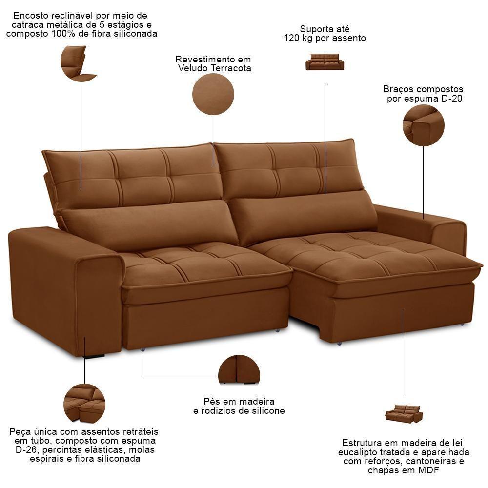 Sofá Retrátil Reclinável Para Sala 3 Lugares 230cm Asaph F04 Veludo Terracota - Lyam Decor - 2