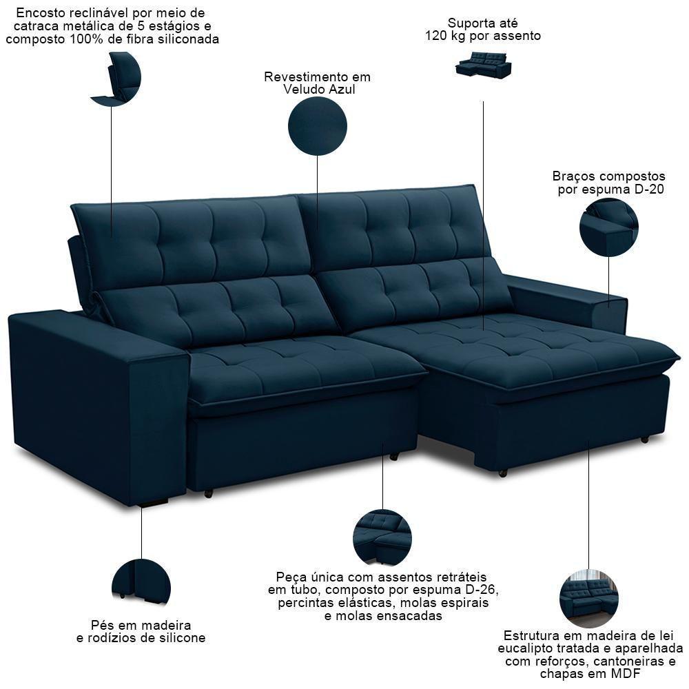 Sofá Retrátil Reclinável Para Sala 3 Lugares 250cm Vincent F04 Veludo Azul - Lyam Decor - 3