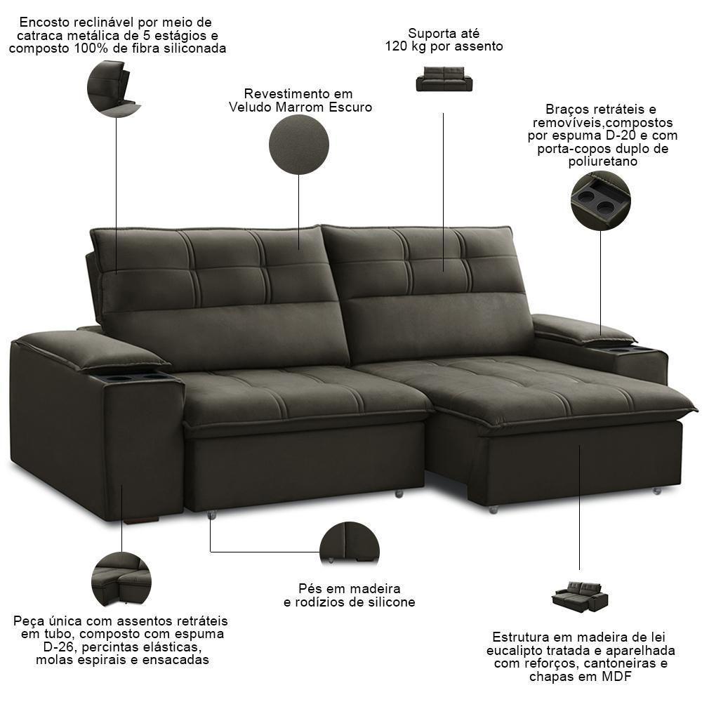 Sofá Retrátil Reclinável Para Sala 3 Lugares 210cm Zayn F04 Veludo Marrom Escuro - Lyam Decor - 4