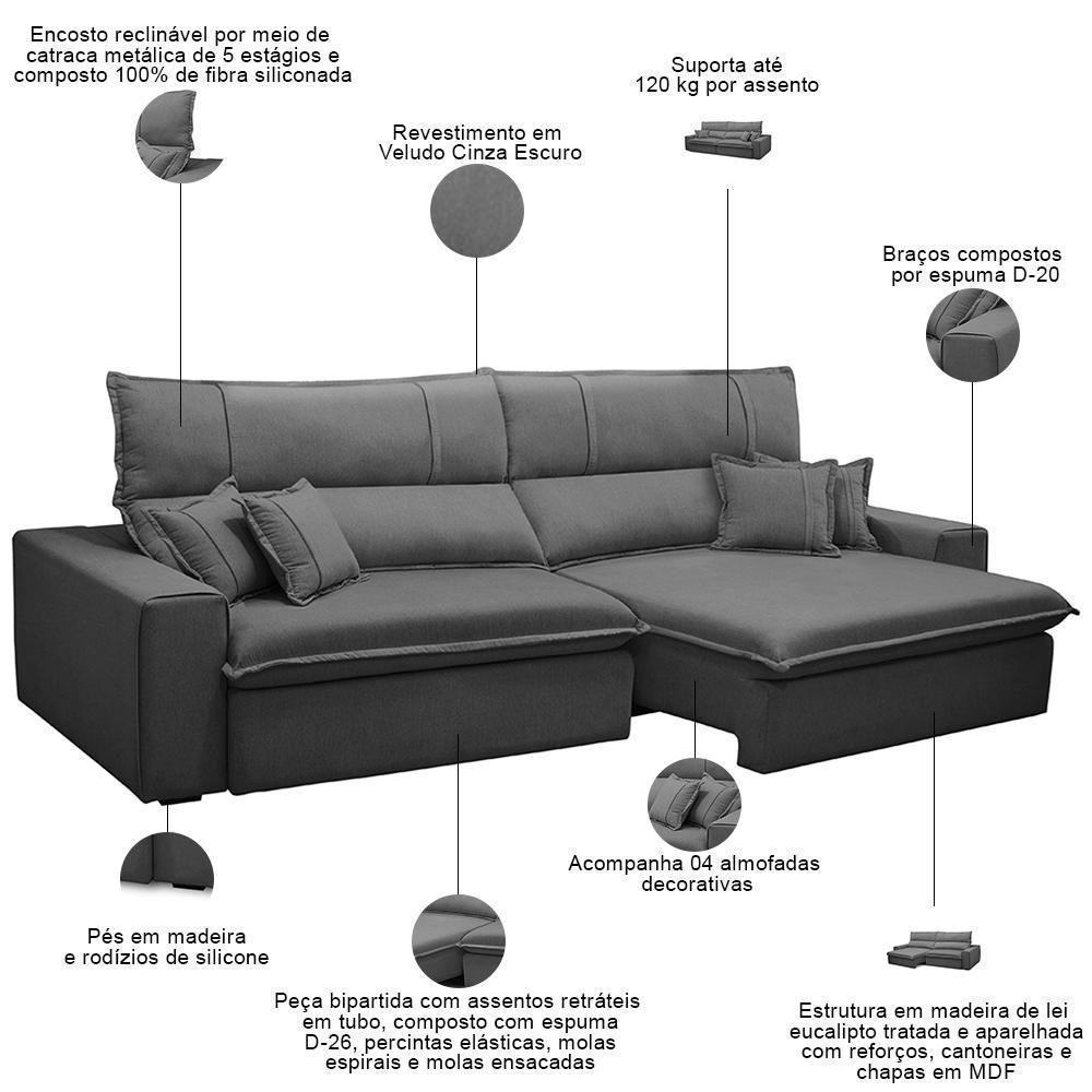 Sofá Retrátil Reclinável Para Sala 4 Lugares 290cm Aisha F04 Veludo Cinza Escuro - Lyam Decor - 3