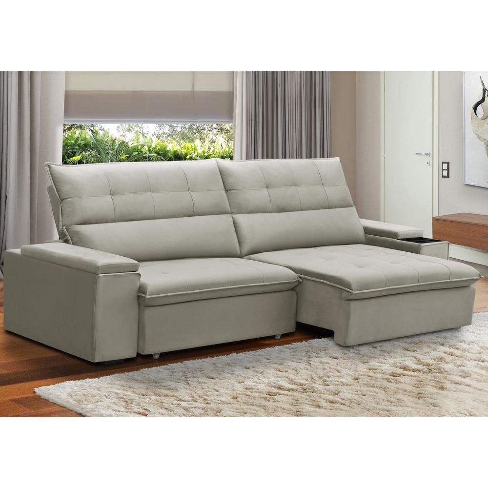 Sofá Retrátil Reclinável Para Sala 3 Lugares 250cm Niels F04 Veludo Bege - Lyam Decor - 2