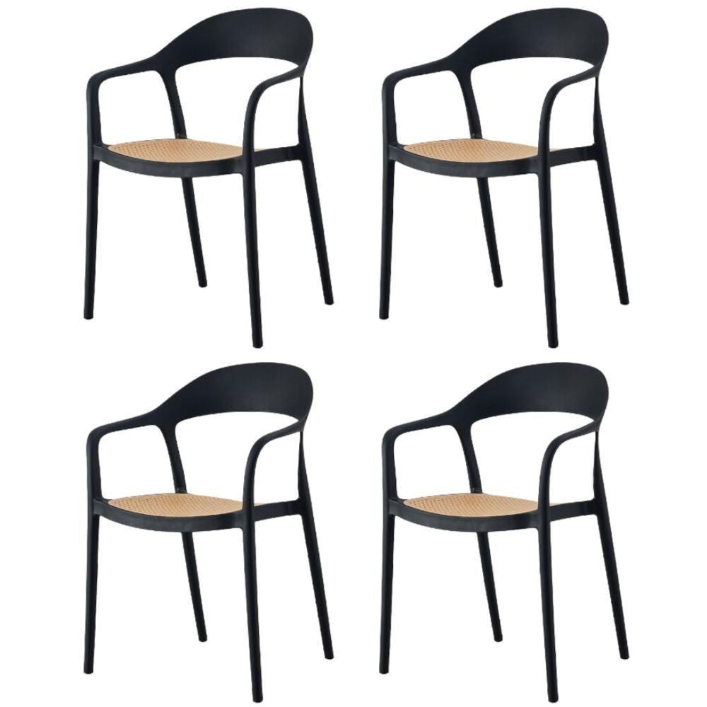 Kit 4 Cadeiras Com Braço Lia Rivatti Polipropileno Preto Assento Simulando Rattan Bege Proteção Uv - 1