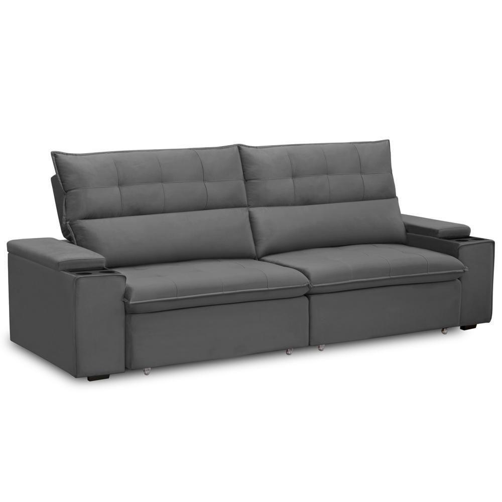 Sofá Retrátil Reclinável Para Sala 4 Lugares 270cm Niels F04 Veludo Cinza Escuro - Lyam Decor - 1