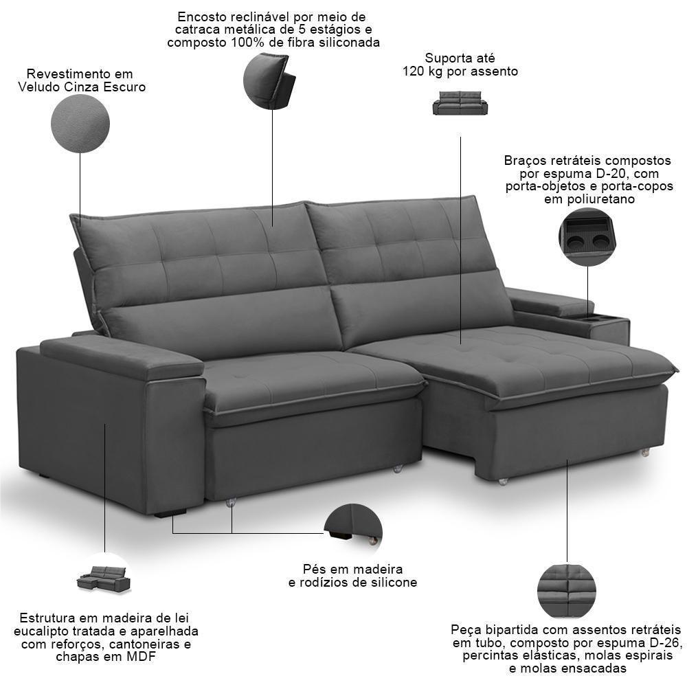 Sofá Retrátil Reclinável Para Sala 4 Lugares 270cm Niels F04 Veludo Cinza Escuro - Lyam Decor - 4