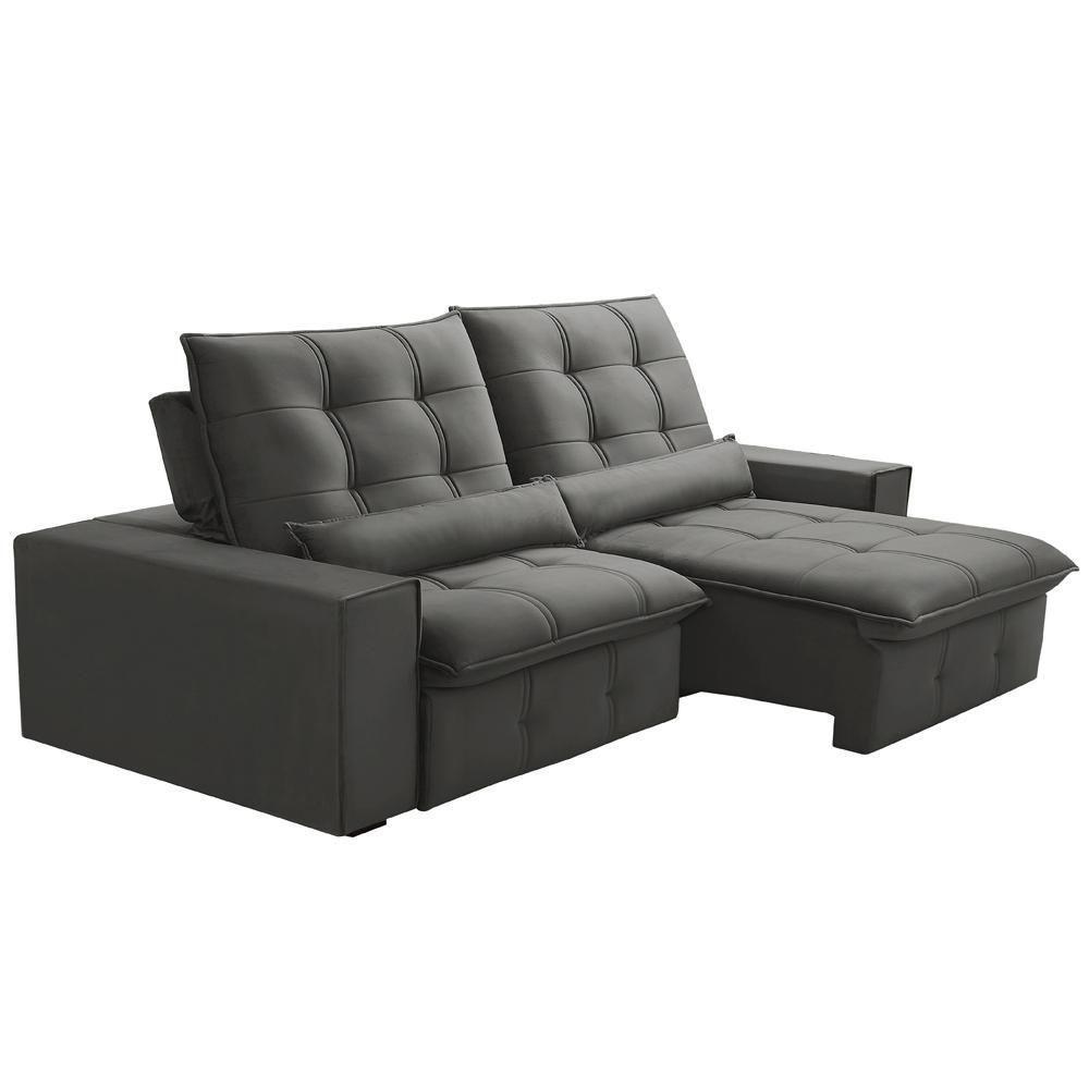 Sofá Retrátil Reclinável Para Sala 3 Lugares 250cm Curie F04 Veludo Cinza Escuro - Lyam Decor - 1