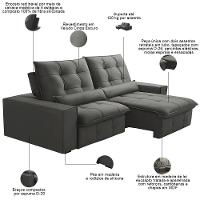 Sofá Retrátil Reclinável Para Sala 3 Lugares 250cm Curie F04 Veludo Cinza Escuro - Lyam Decor - 3