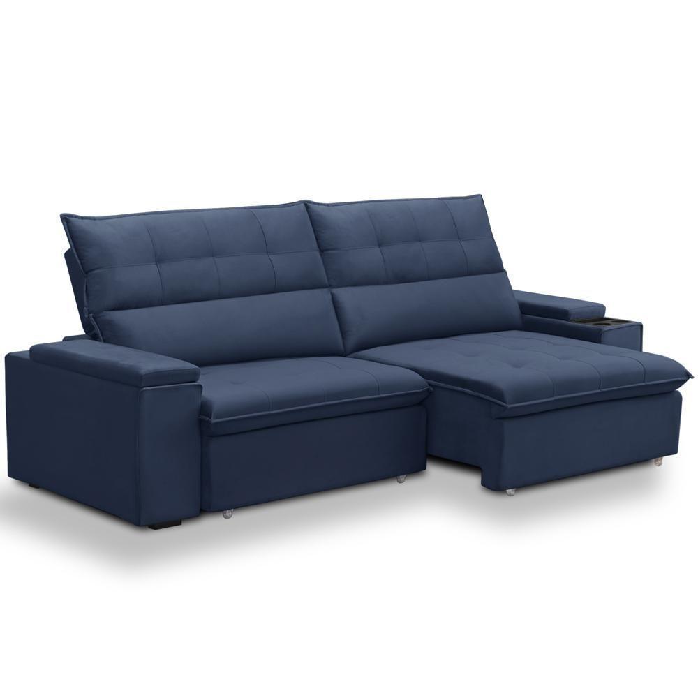Sofá Retrátil Reclinável Para Sala 3 Lugares 250cm Niels F04 Veludo Azul - Lyam Decor - 1