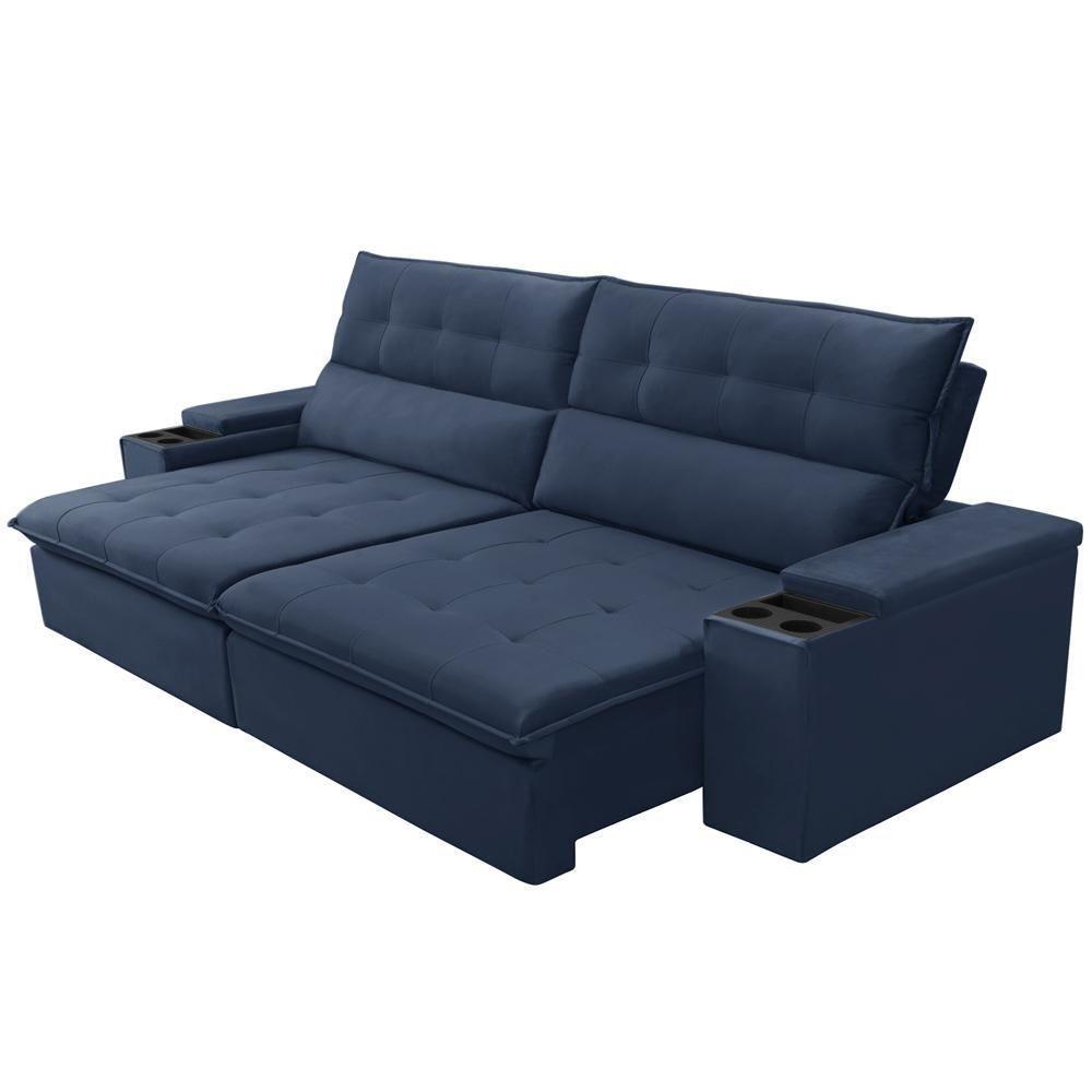 Sofá Retrátil Reclinável Para Sala 3 Lugares 250cm Niels F04 Veludo Azul - Lyam Decor - 2