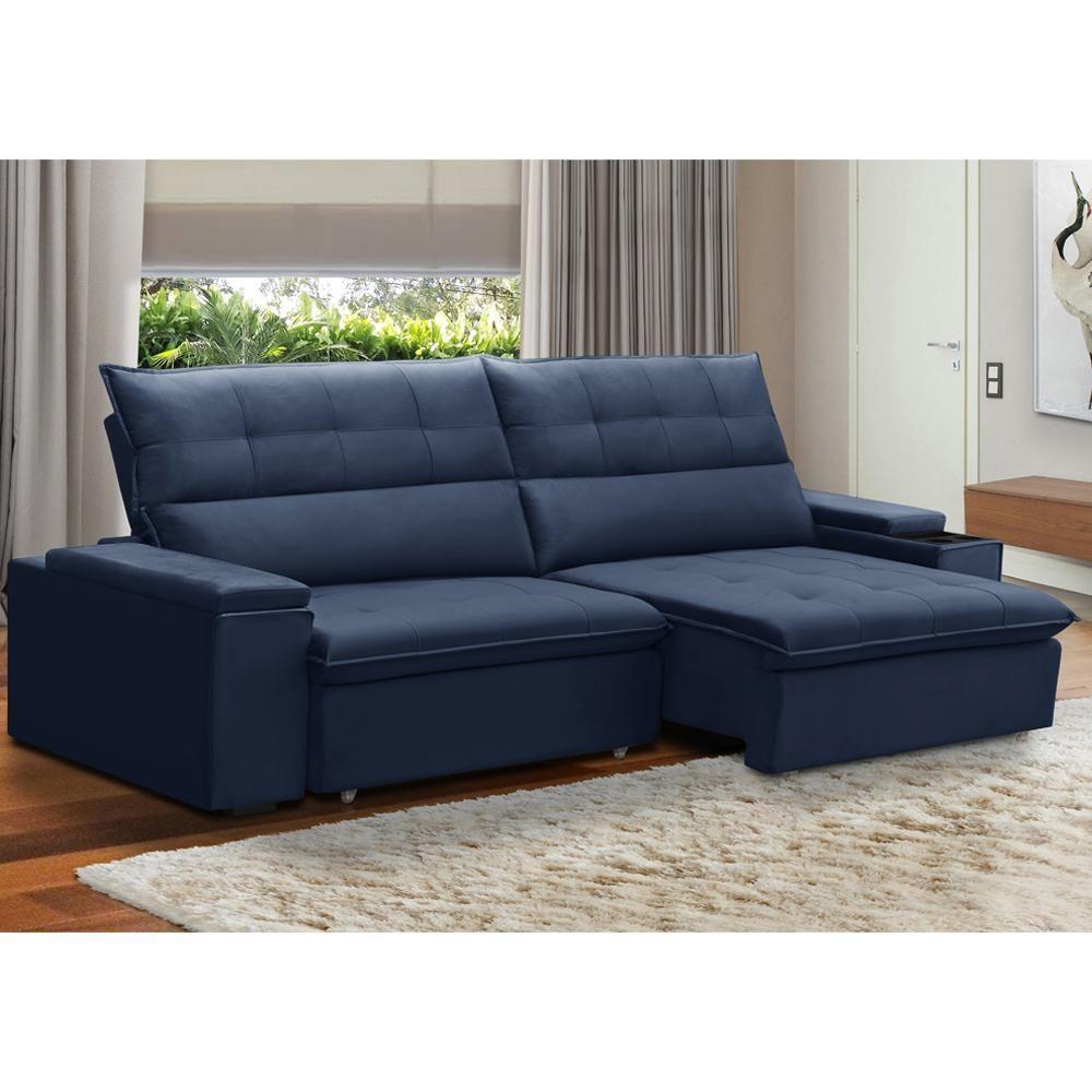 Sofá Retrátil Reclinável Para Sala 3 Lugares 250cm Niels F04 Veludo Azul - Lyam Decor - 3