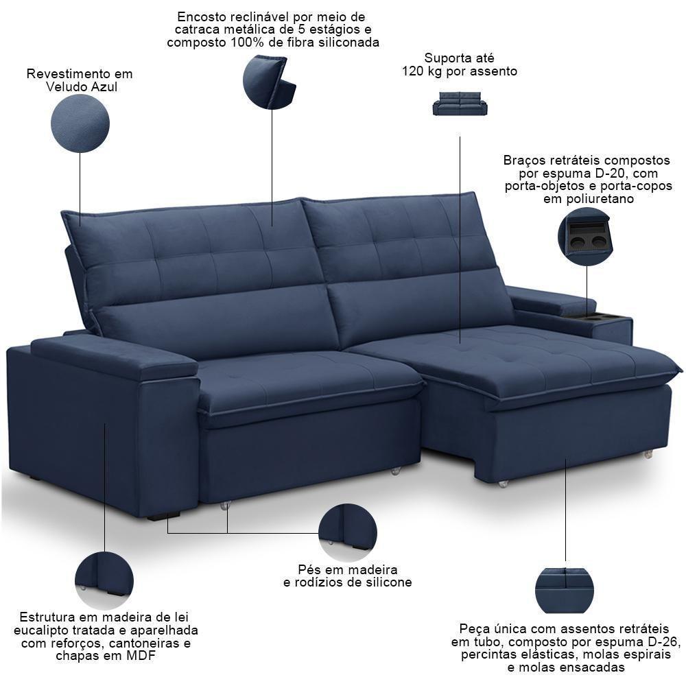 Sofá Retrátil Reclinável Para Sala 3 Lugares 250cm Niels F04 Veludo Azul - Lyam Decor - 5