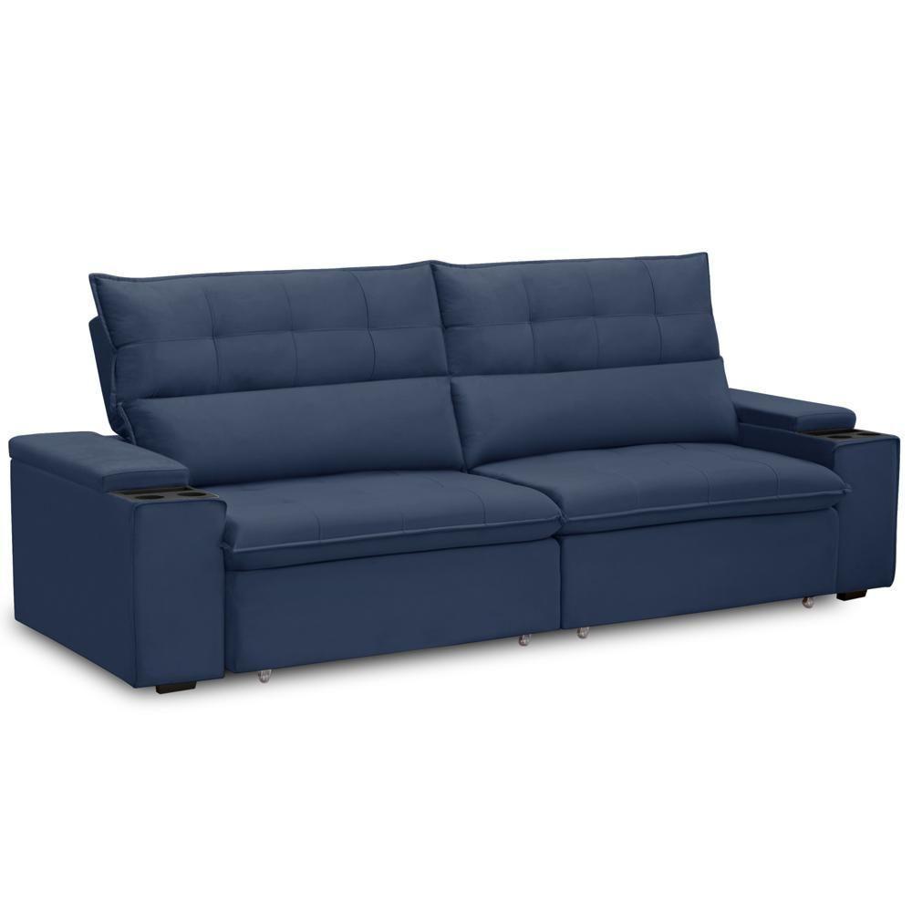 Sofá Retrátil Reclinável Para Sala 3 Lugares 250cm Niels F04 Veludo Azul - Lyam Decor - 7