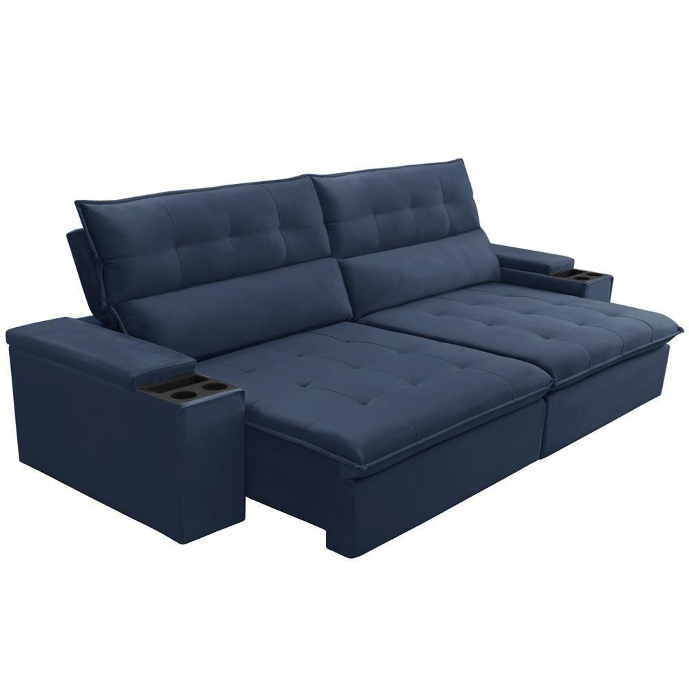 Sofá Retrátil Reclinável Para Sala 3 Lugares 250cm Niels F04 Veludo Azul - Lyam Decor - 8