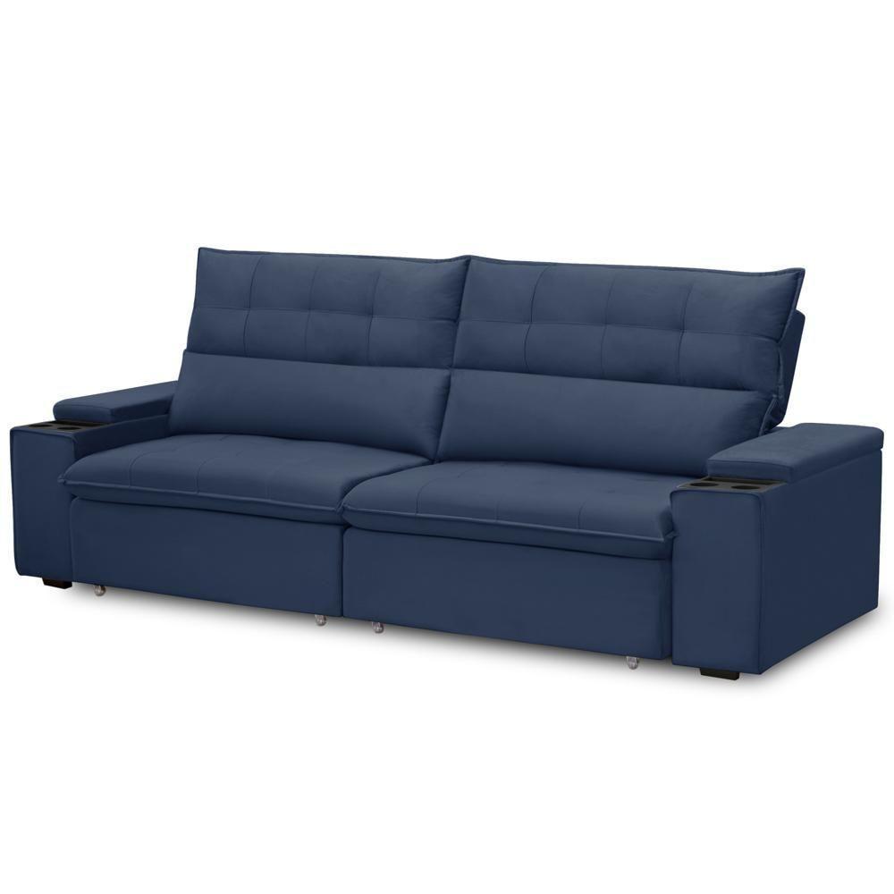 Sofá Retrátil Reclinável Para Sala 3 Lugares 250cm Niels F04 Veludo Azul - Lyam Decor - 9