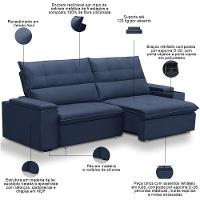Sofá Retrátil Reclinável Para Sala 3 Lugares 250cm Niels F04 Veludo Azul - Lyam Decor - 5