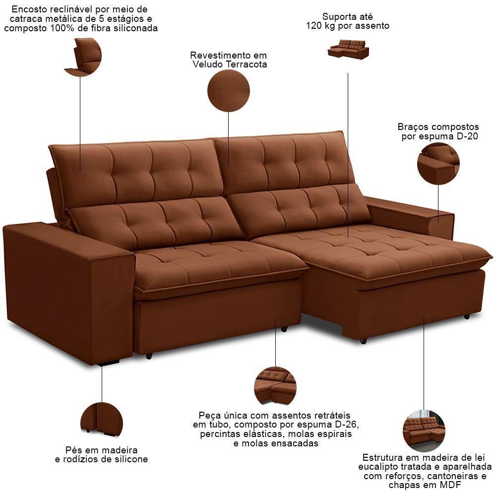 Sofá Retrátil Reclinável Para Sala 3 Lugares 250cm Vincent F04 Veludo Terracota - Lyam Decor - 3