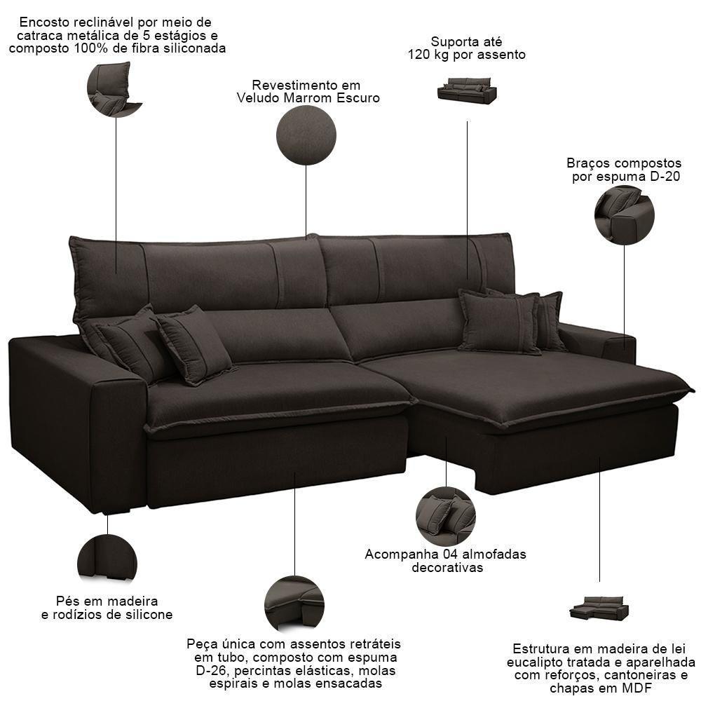 Sofá Retrátil Reclinável Para Sala 3 Lugares 250cm Aisha F04 Veludo Marrom Escuro - Lyam Decor - 3