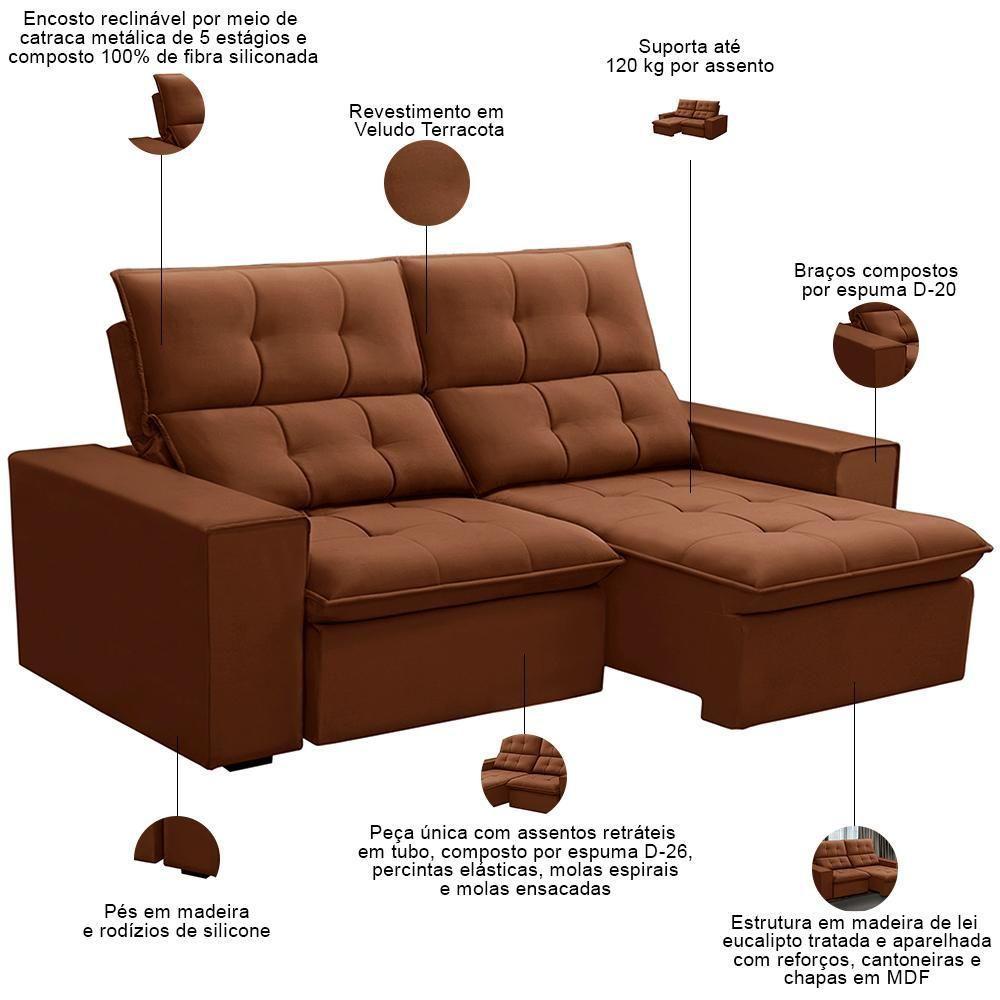Sofá Retrátil Reclinável Para Sala 3 Lugares 210cm Vincent F04 Veludo Terracota - Lyam Decor - 3
