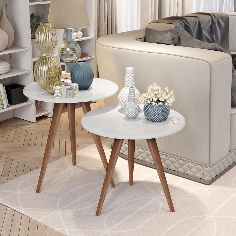 Conjunto Mesa 2 Mesas Laterais Isa - Mdf Pés De Madeira Pintura Uv Branco - J3 Móveis - 2